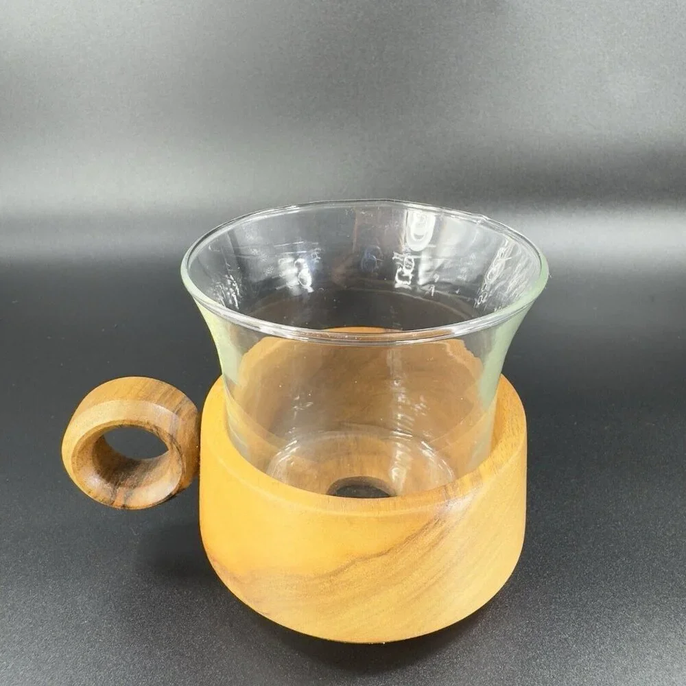 Vintage Jena Glass Mug with Wooden Holder Insert Set 3 Round Handle Wood Insert‎